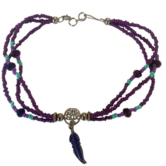 BOHEMIAN HANDMADE ANKLET PURPLE BEADS WITH FEATHER CHARM MULTICOLOR - Picture 8 of 10